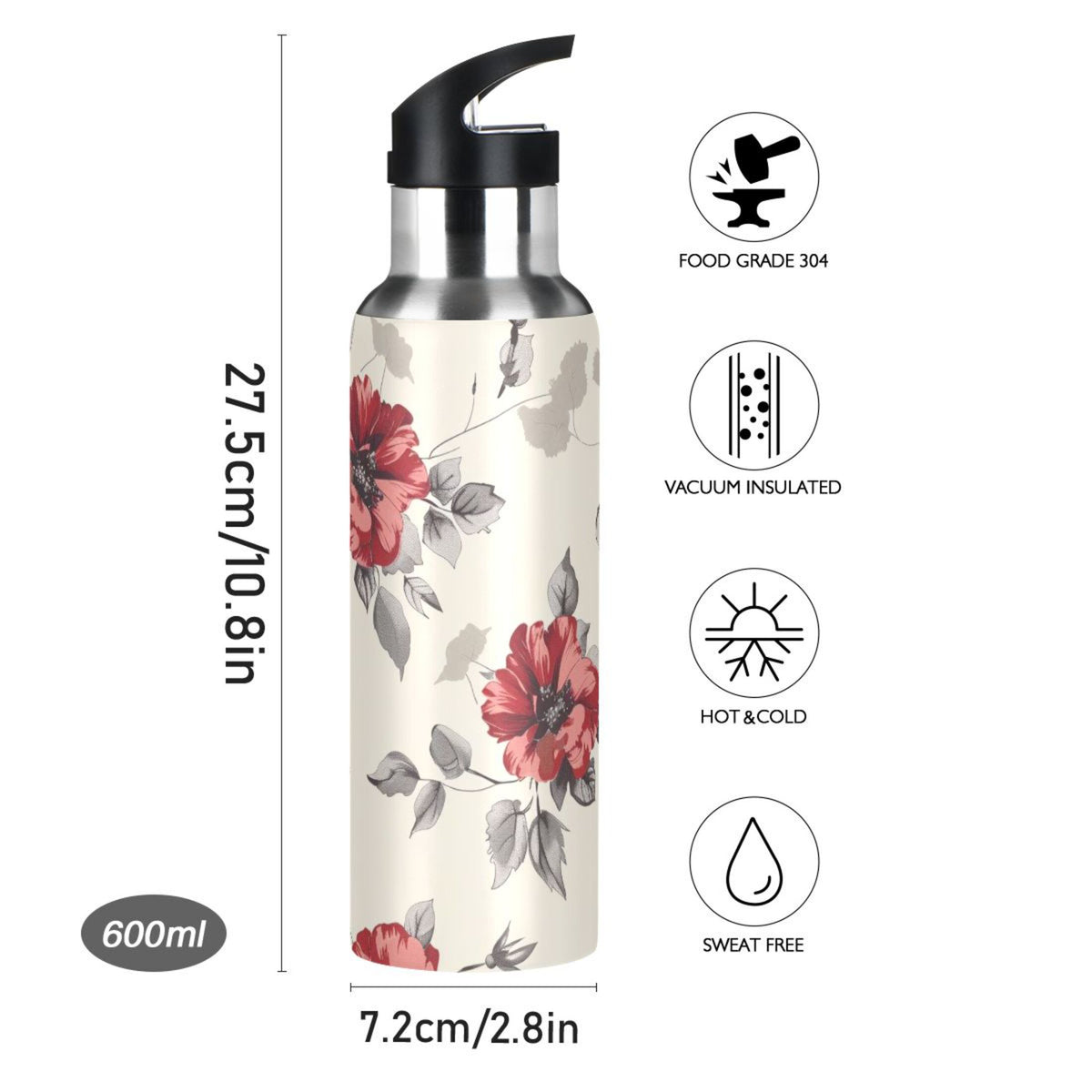 Retro Flowers Insulated Stainless Steel Water Bottle with Straw Lid 20 oz X608