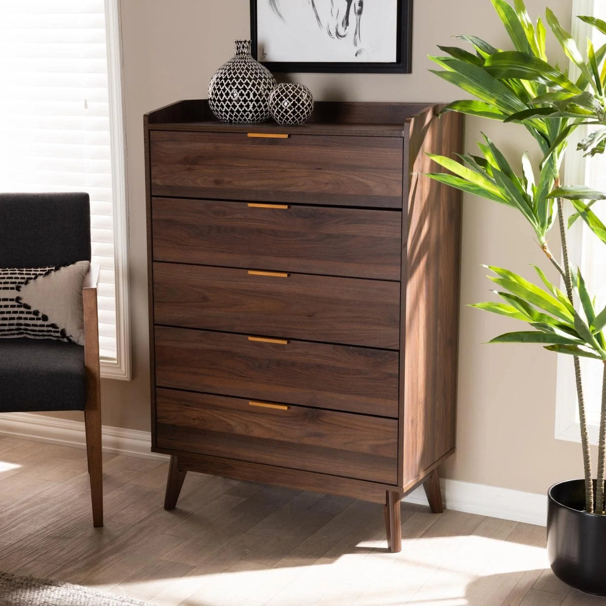 Walnut Brown 5-Drawer Wood Chest L48182