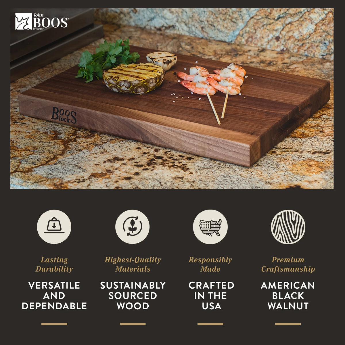 Walnut Wood Edge Grain Reversible Cutting Board, 20" x 15" x 1.5" D92865