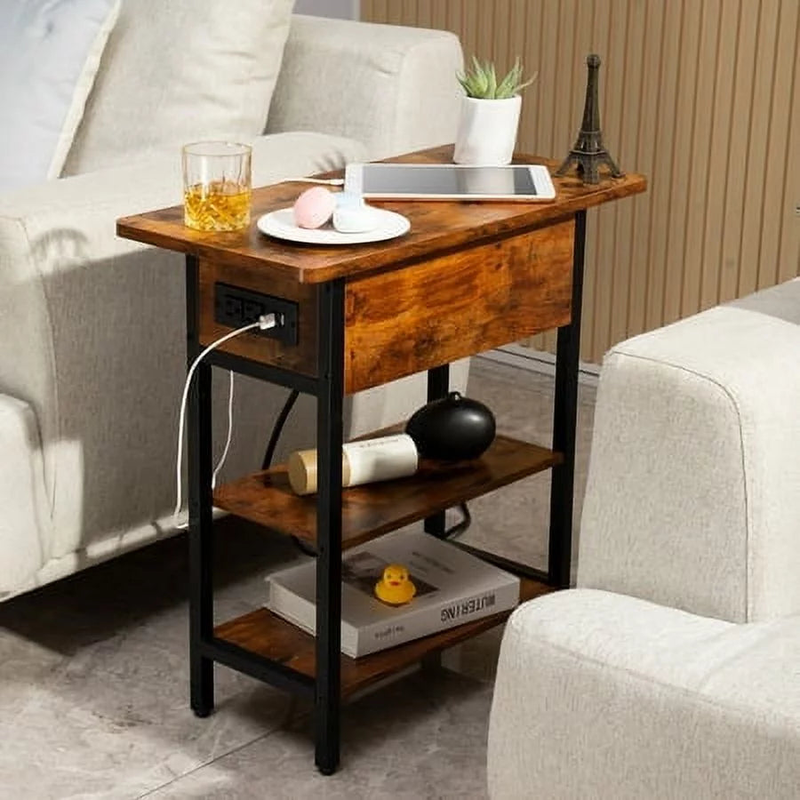 End Table with Charging Station, Flip Top Side Table with USB Ports and Outlets S528