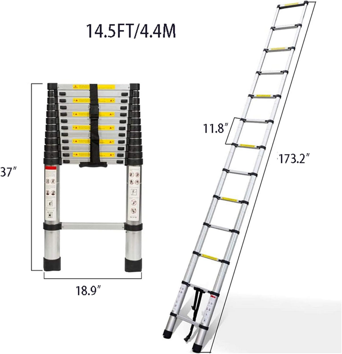 Aluminum Telescopic Extension Ladder, 330 lbs Capacity, 14.5FT E463