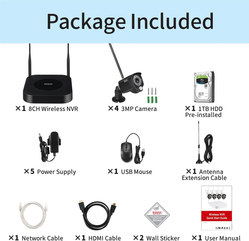 8CH NVR with 1TB HDD and 4PCS 3MP Outdoor Bullet Cameras with PIR Sensor and Floodlight (Black) X516598