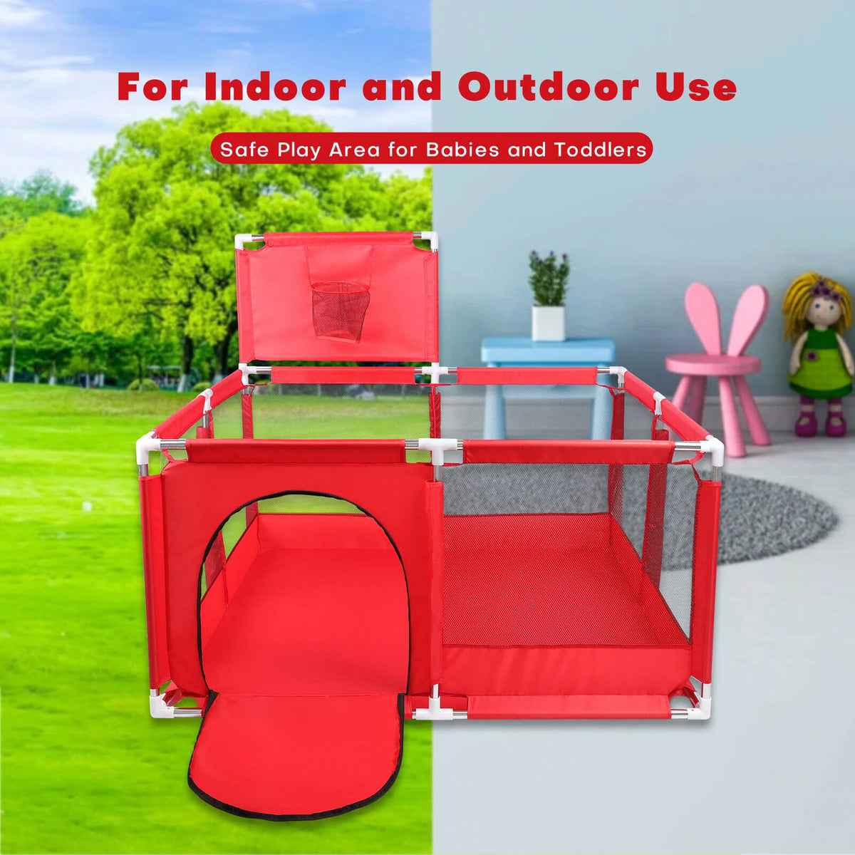 Pink Foldable Baby Playpen with Basketball Hoop B5083