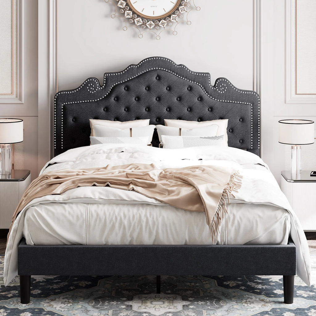 King Size Dark Grey Upholstered Platform Bed Frame R543372
