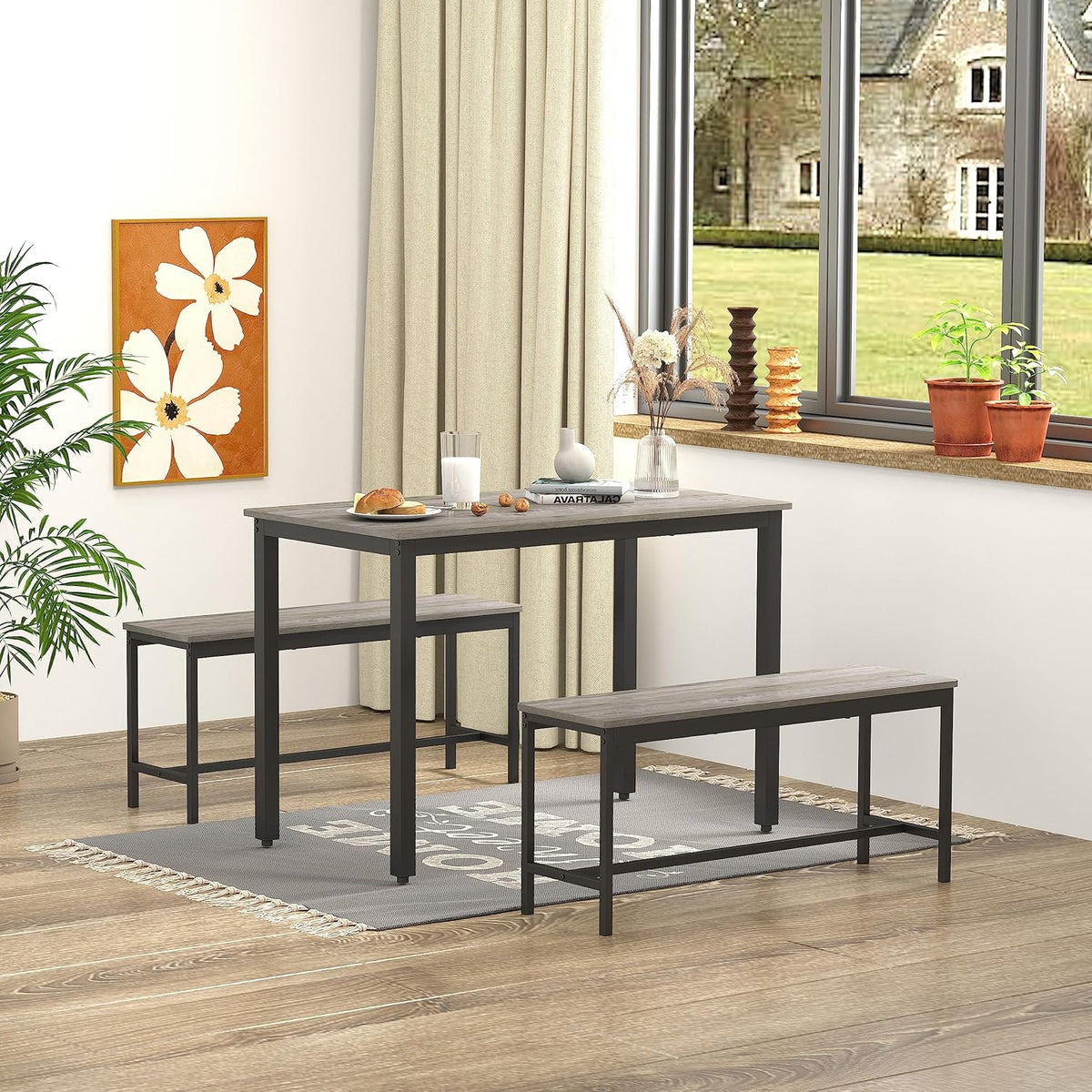 Gray and Black 3-Piece Dining Furniture Set with 2 Benches and Dining Table L684