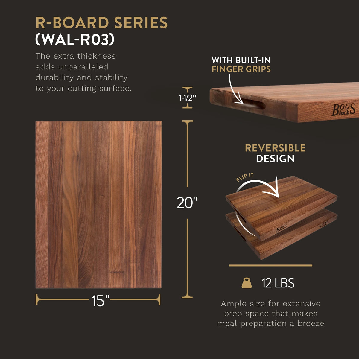 Walnut Wood Edge Grain Reversible Cutting Board, 20" x 15" x 1.5" D92865