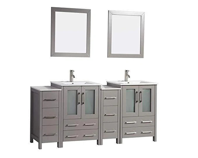 72 in. Grey Double Sink Ceramic Vanity Cabinet with Mirror J7590