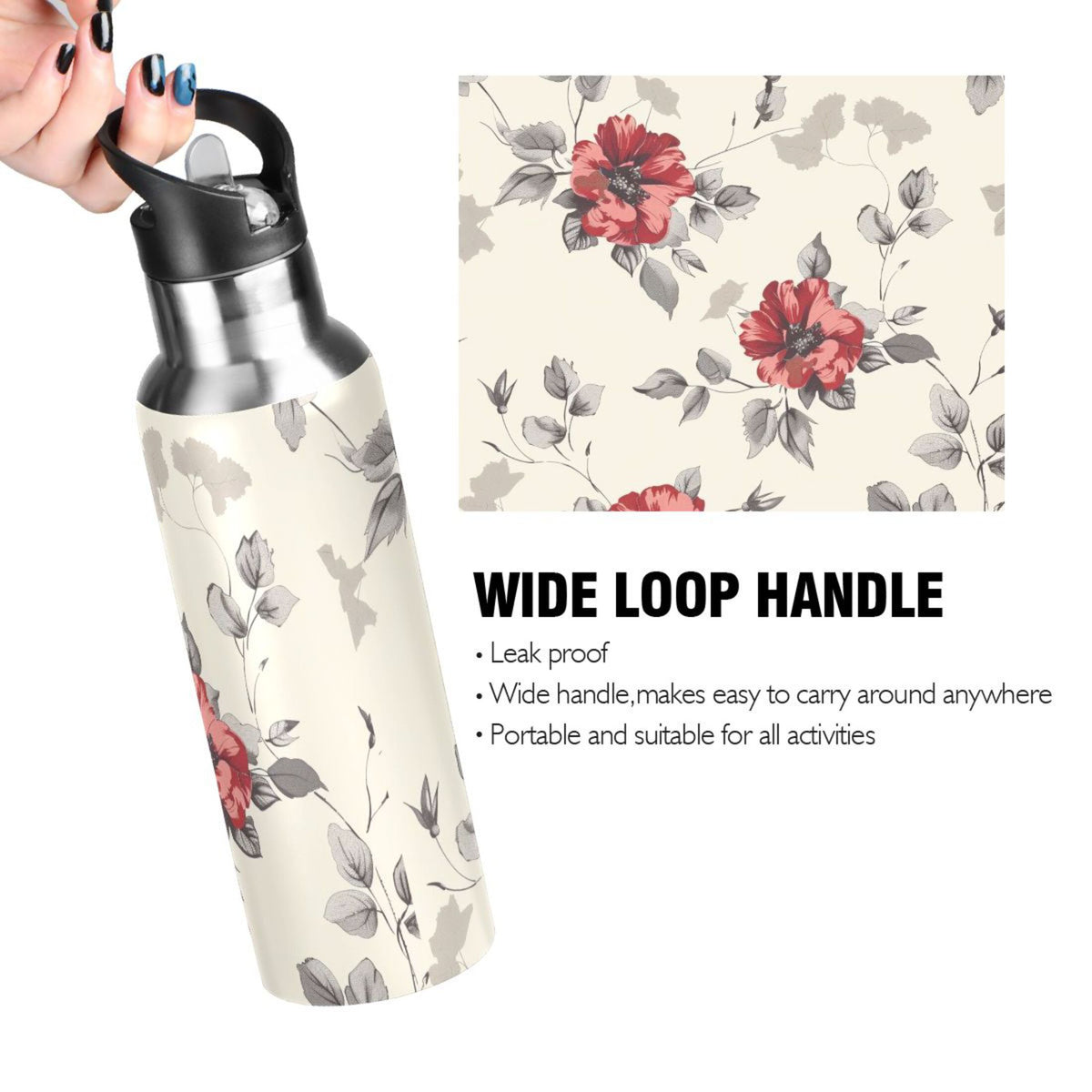 Retro Flowers Insulated Stainless Steel Water Bottle with Straw Lid 20 oz X608