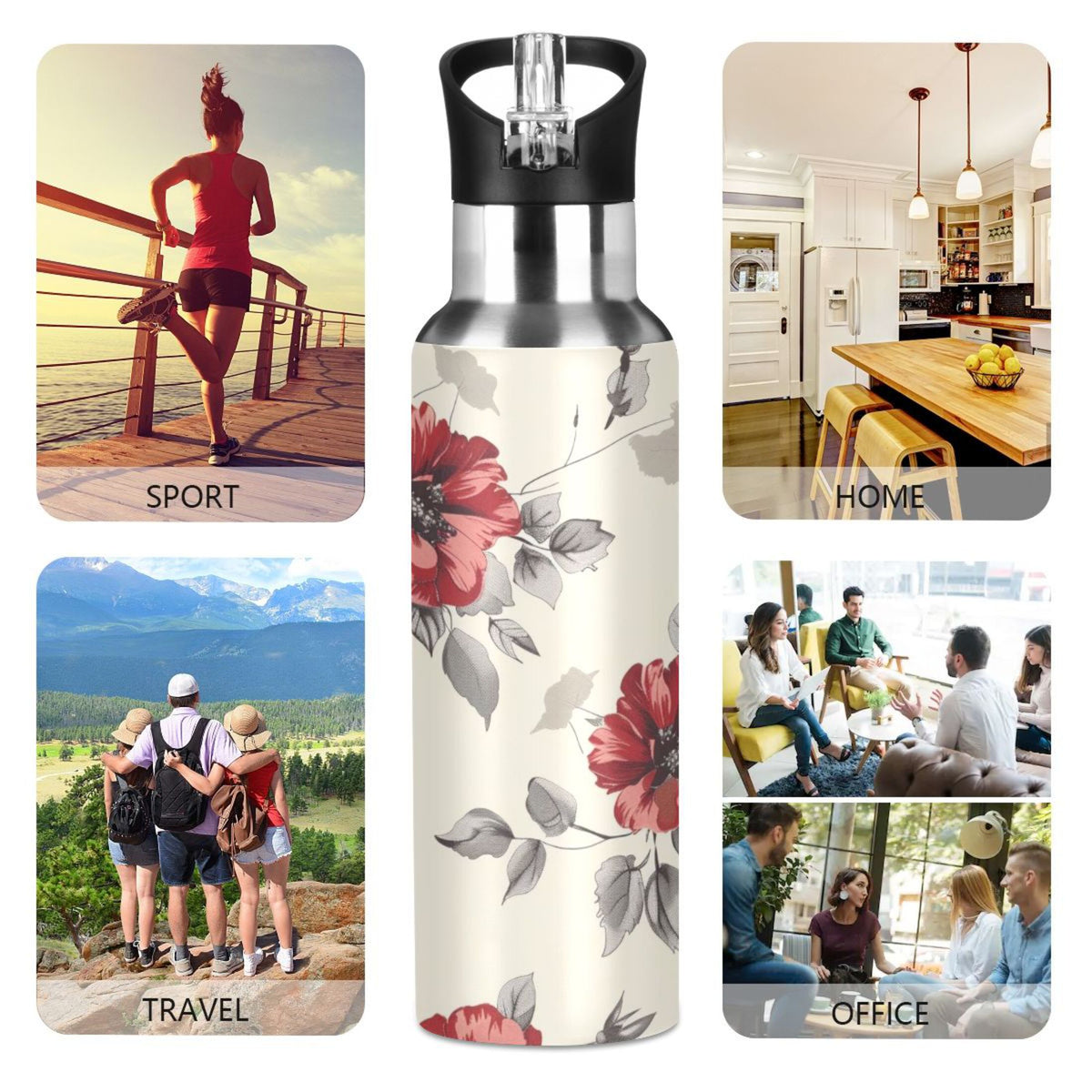 Retro Flowers Insulated Stainless Steel Water Bottle with Straw Lid 20 oz X608