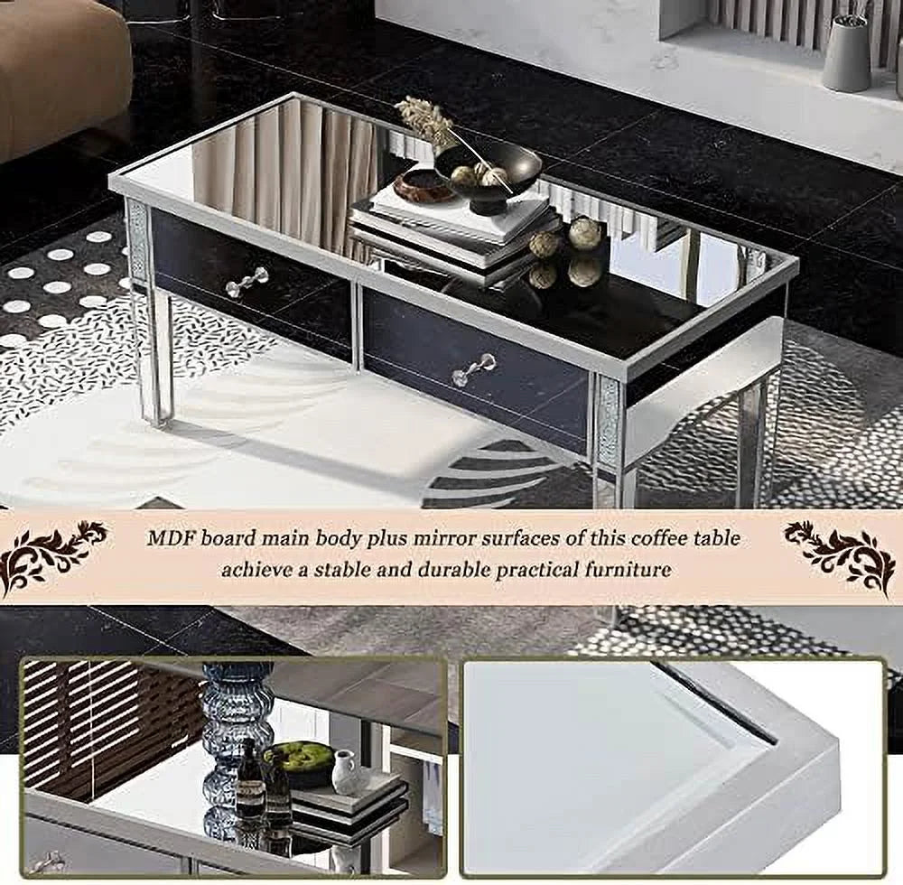Glass Mirrored Coffee Table with Adjustable Height Legs V93528