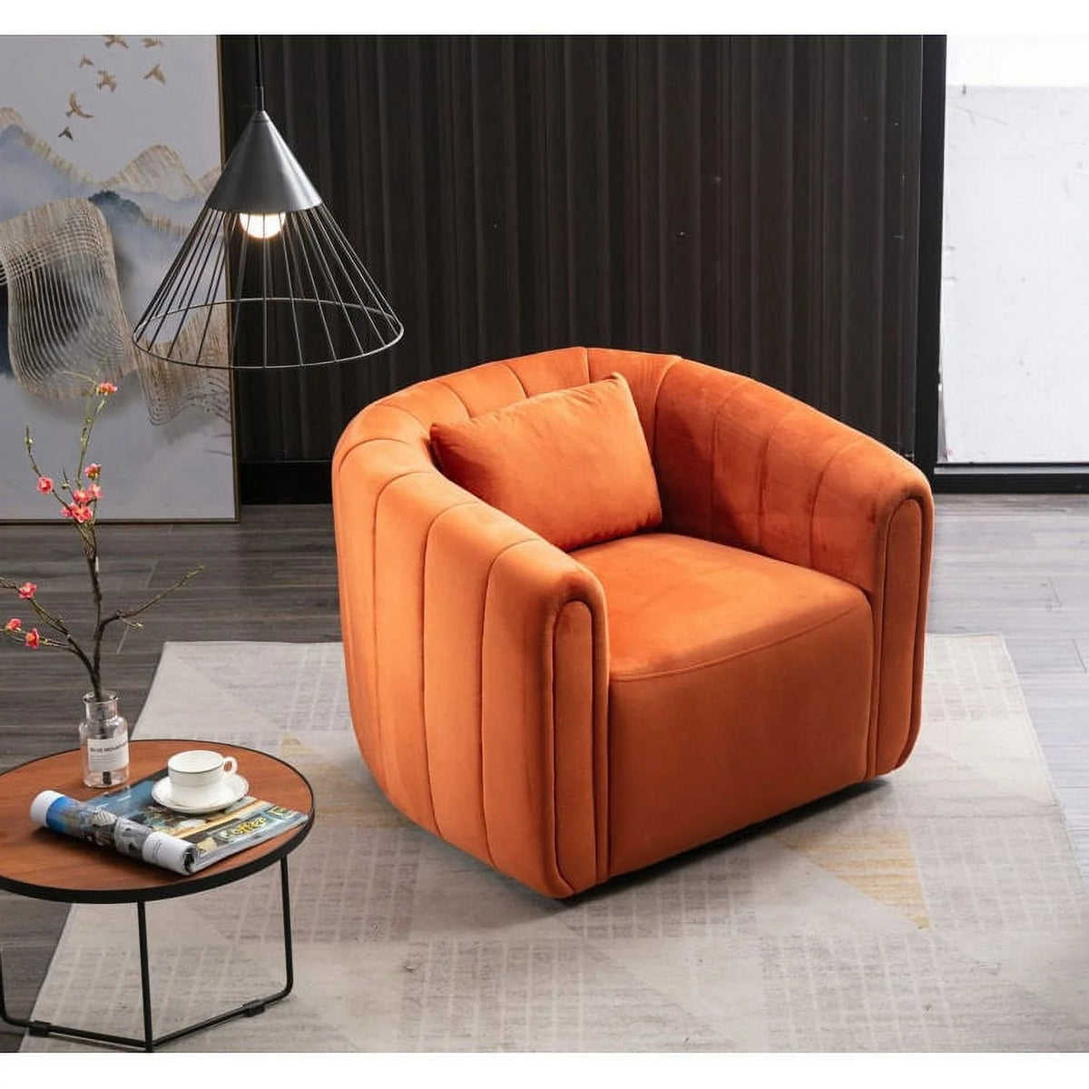 Beige Velvet Swivel Barrel Chair with Pillow H18089