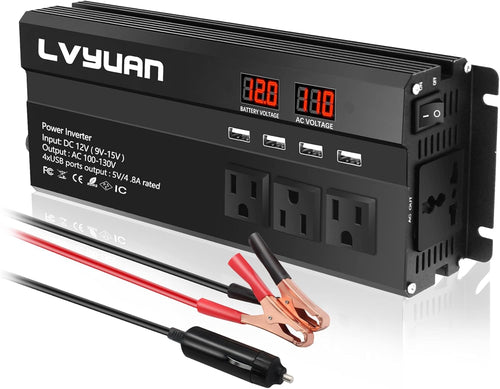 1000W/2000W Surge Car Power Inverter DC 12V to 110V AC with 4 Outlets, 4 USB Ports and LED Display, Black Pack of 2 F9418